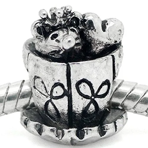 Mouse and Heart Inside Tea/coffee Cup European Bead Compatible for Most European Snake Chain Bracelet