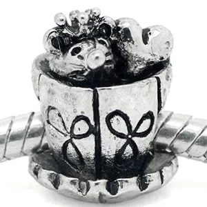 Mouse and Heart Inside Tea/coffee Cup European Bead Compatible for Most European Snake Chain Bracelet