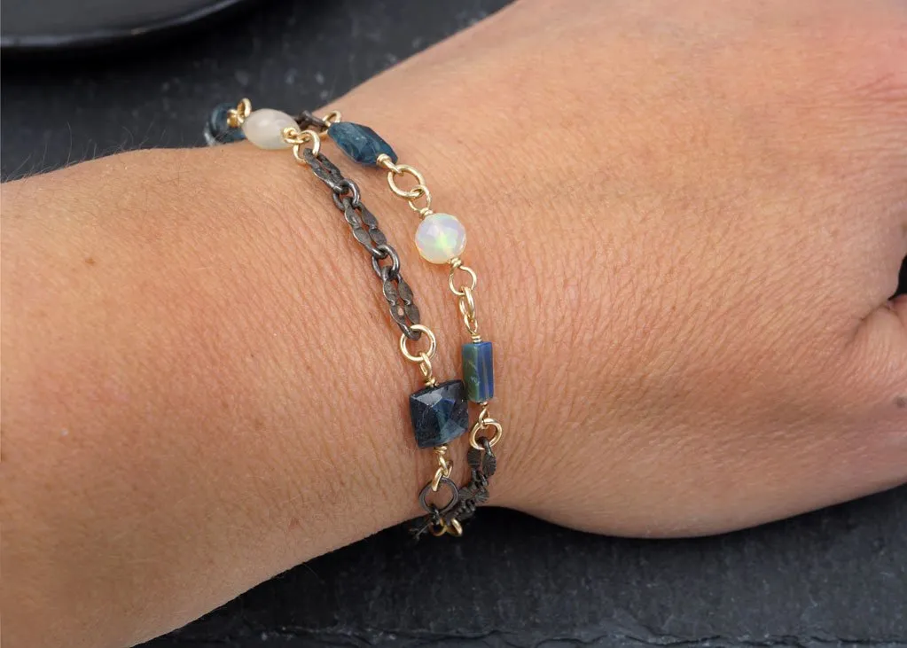 multi-layer moss kyanite opal aquamarine bracelet