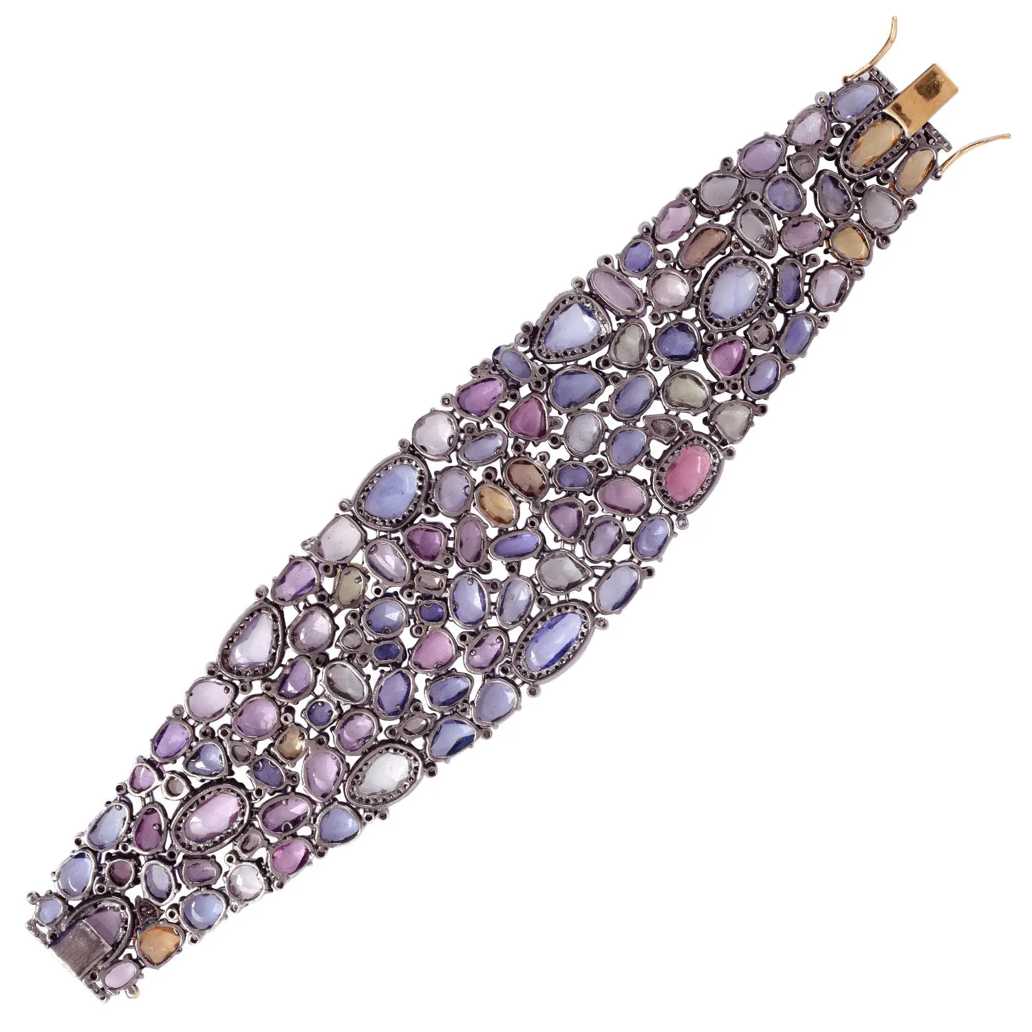 Multi Sapphire Pave Diamond Designer Fixed And Flexible Bracelet In Gold Silver