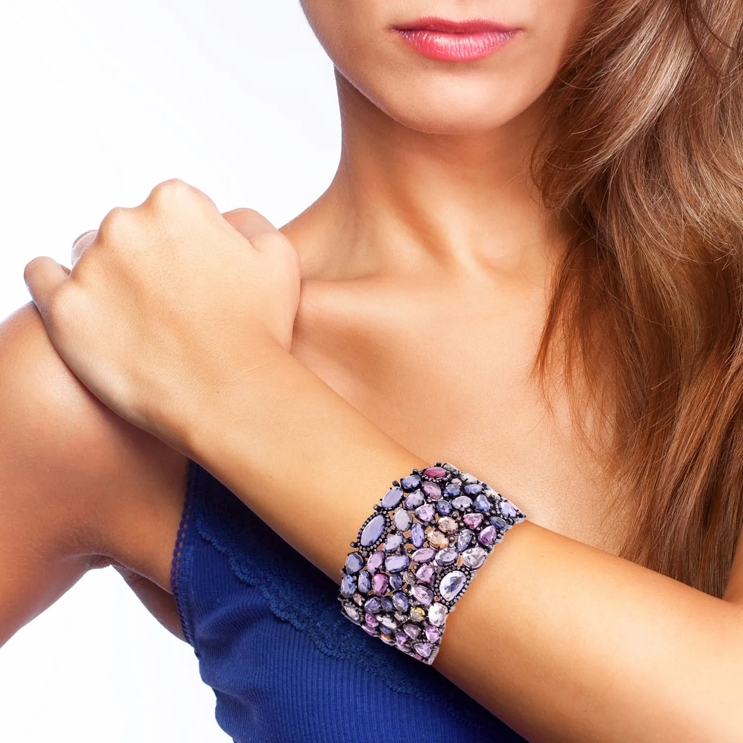 Multi Sapphire Pave Diamond Designer Fixed And Flexible Bracelet In Gold Silver