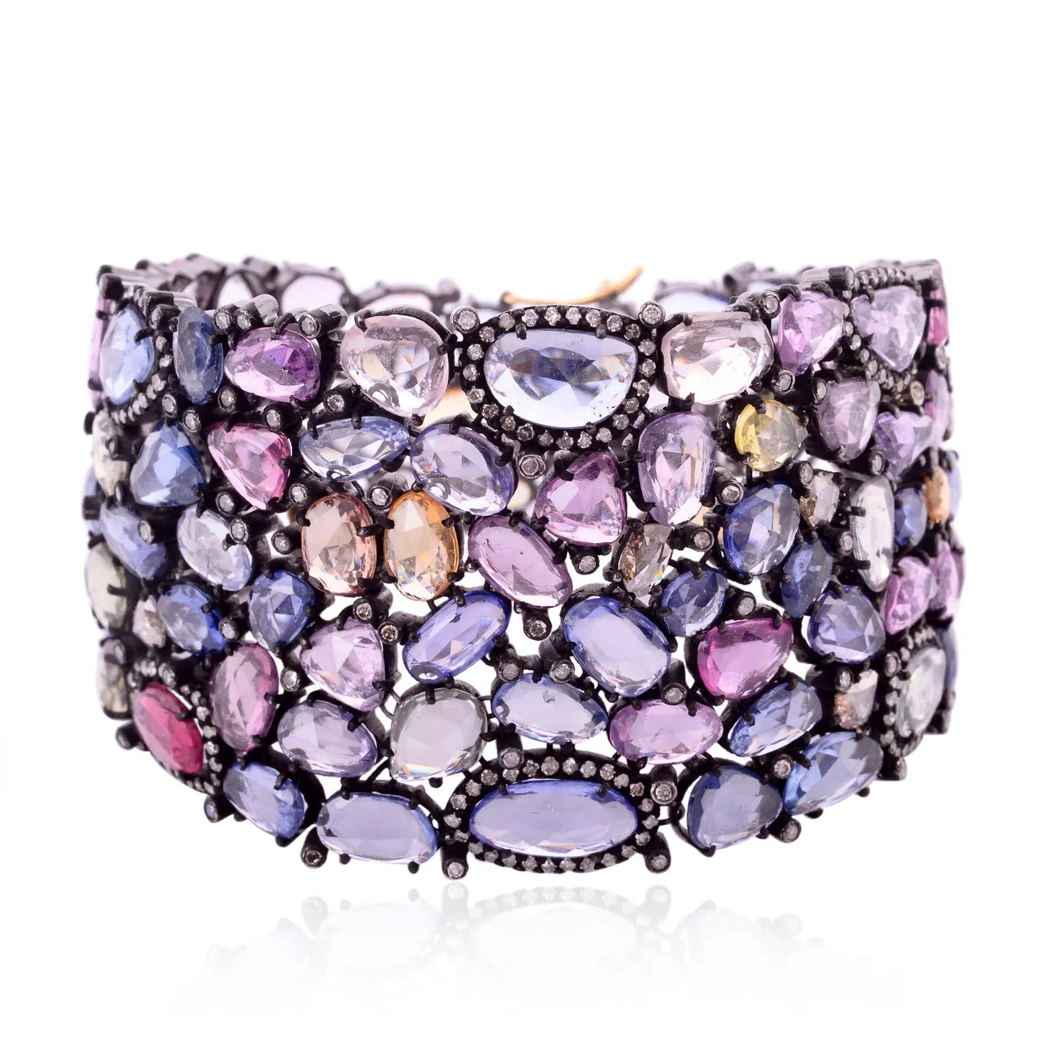 Multi Sapphire Pave Diamond Designer Fixed And Flexible Bracelet In Gold Silver