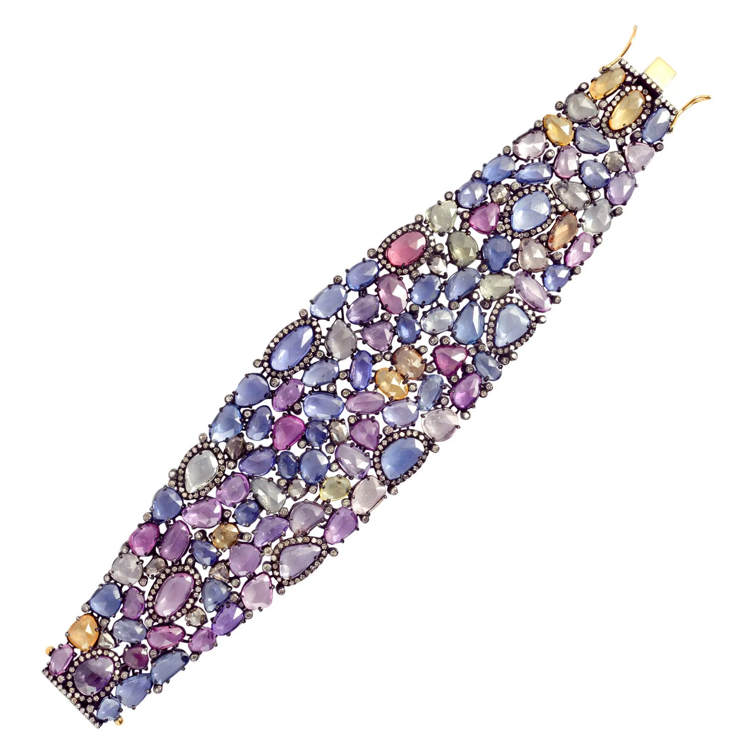 Multi Sapphire Pave Diamond Designer Fixed And Flexible Bracelet In Gold Silver