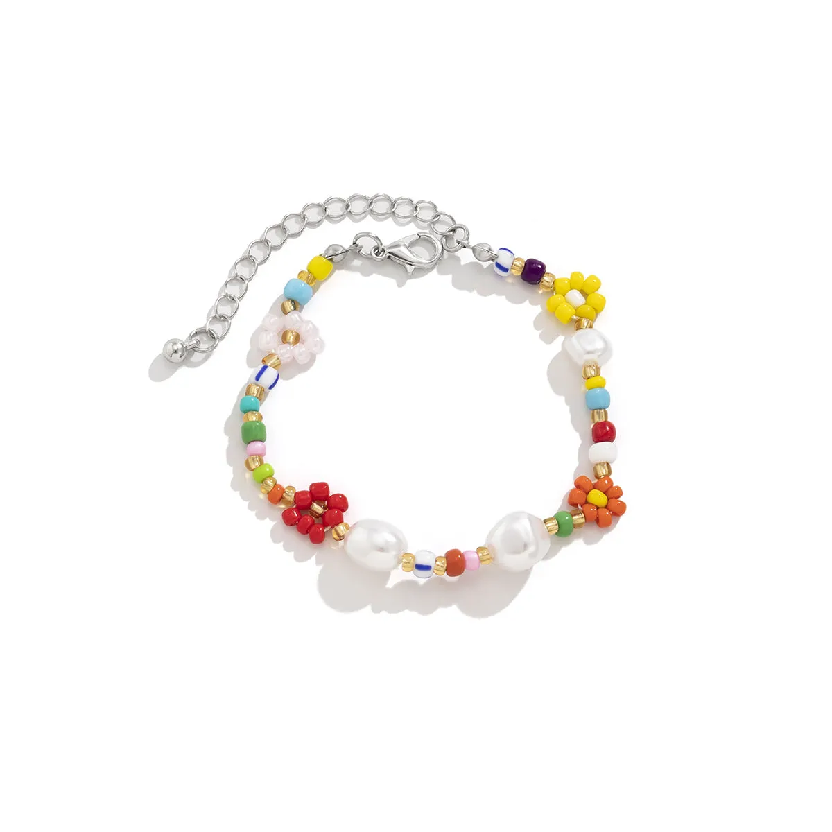 Multicolor Howlite & Pearl Silver-Plated Floral Beaded Adjustable Bracelet