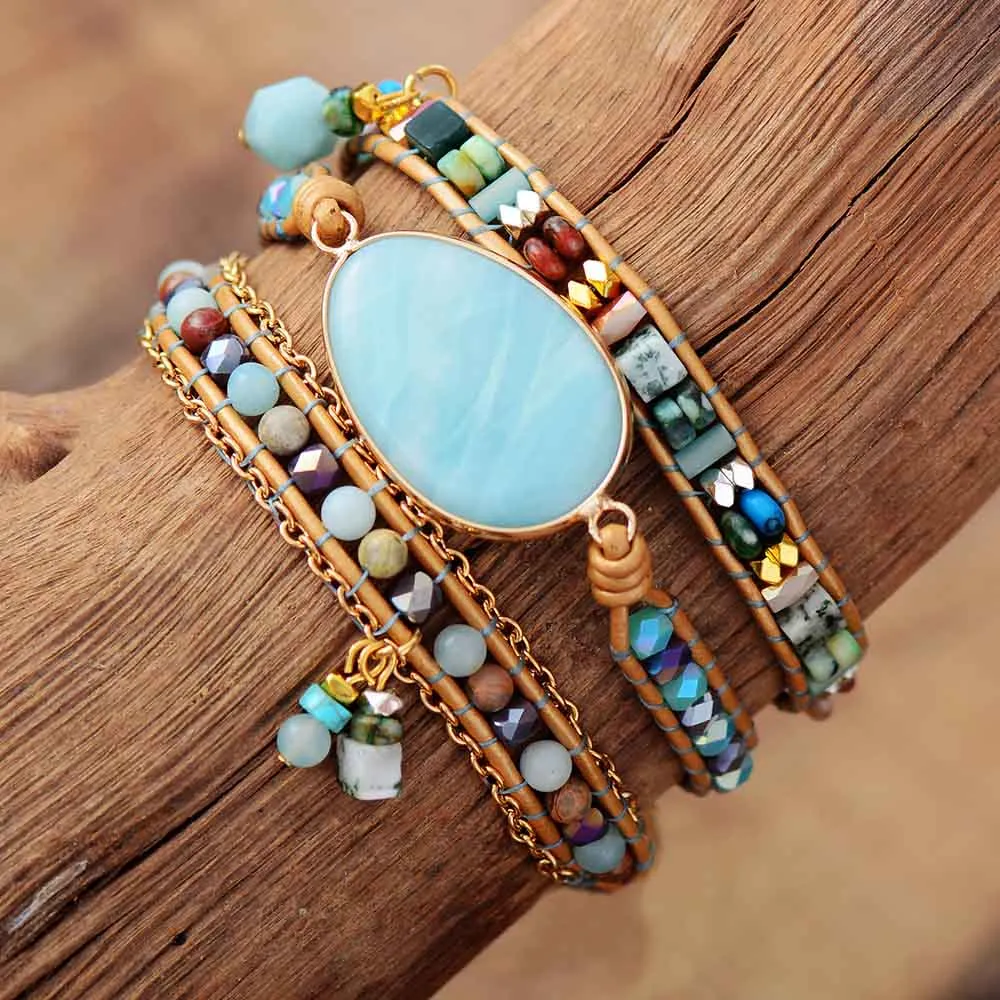 Multilayered Leather Wrap Bracelet W/ Natural Stone