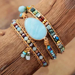 Multilayered Leather Wrap Bracelet W/ Natural Stone