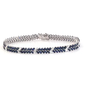 Natural Baguette Blue Sapphire & Diamond Tennis Bracelet In 18k White Gold