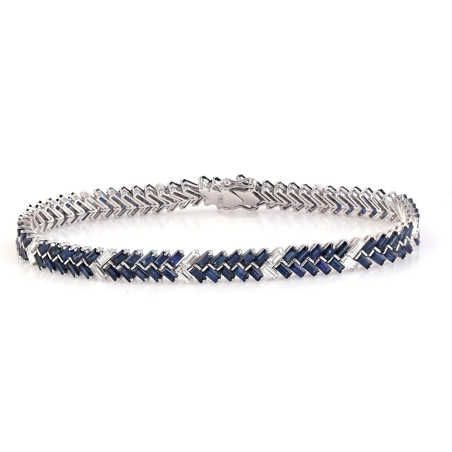 Natural Baguette Blue Sapphire & Diamond Tennis Bracelet In 18k White Gold