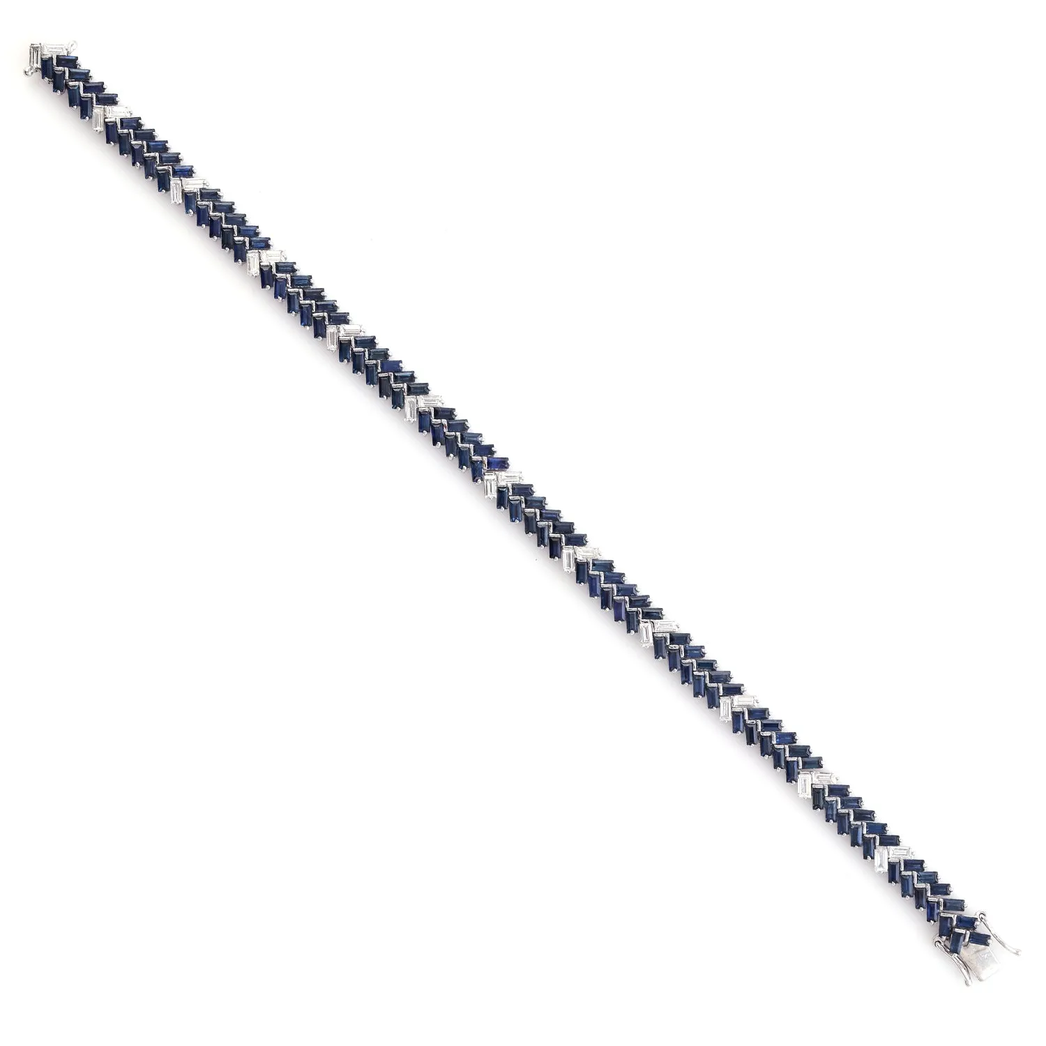 Natural Baguette Blue Sapphire & Diamond Tennis Bracelet In 18k White Gold
