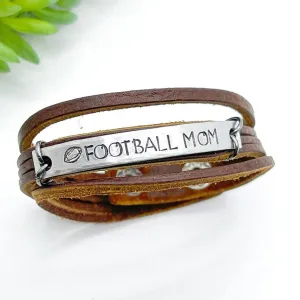 Natural Brown | FOOTBALL MOM | Mini Leather Wrap Bracelet | Women | Adjustable