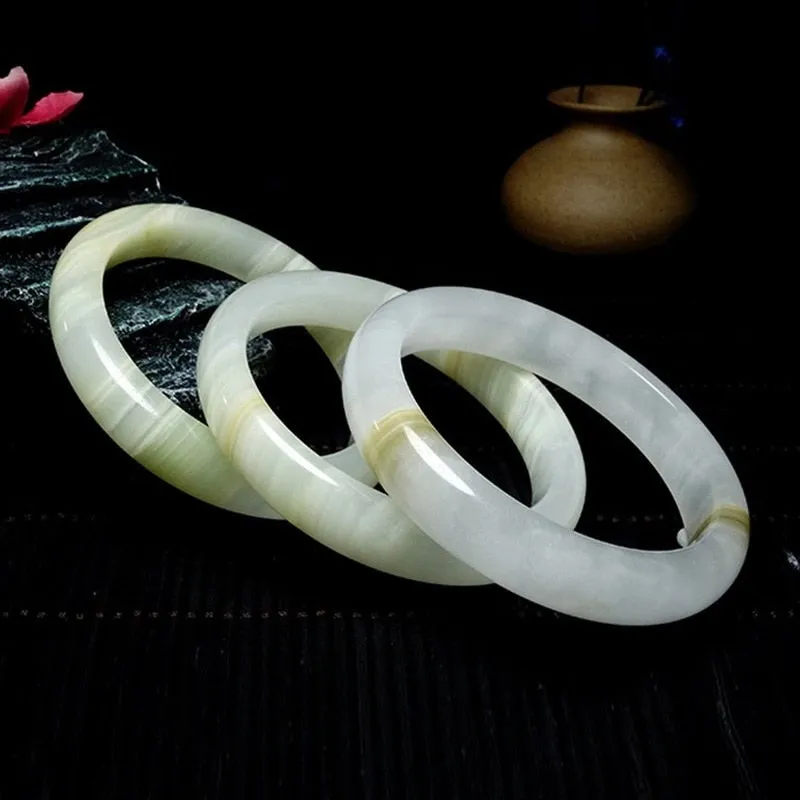 Natural Chinese White Jade Hand Carved Wide Band Bracelet