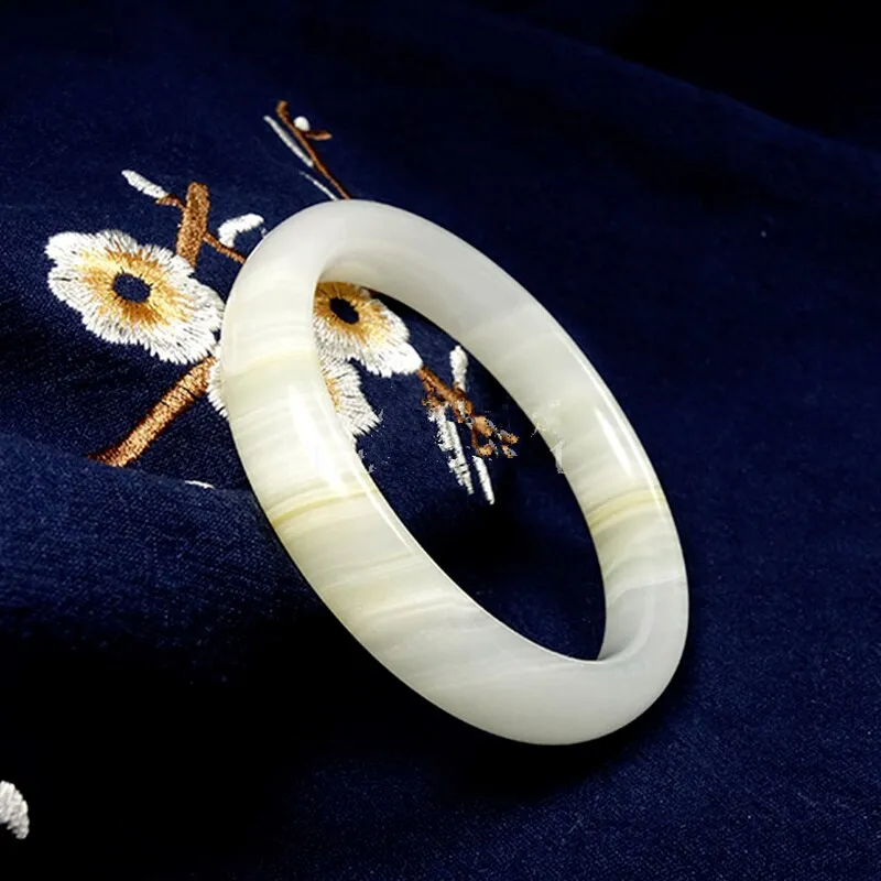 Natural Chinese White Jade Hand Carved Wide Band Bracelet