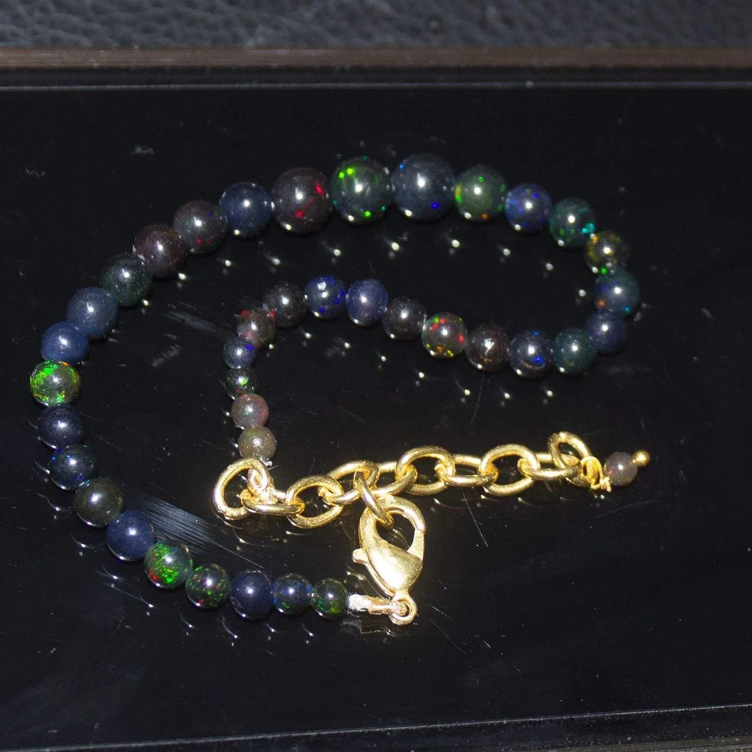 Natural Fire Black Welo Opal Smooth Rondelle Gold Vermeil Bracelet 9" 3.5mm 6mm