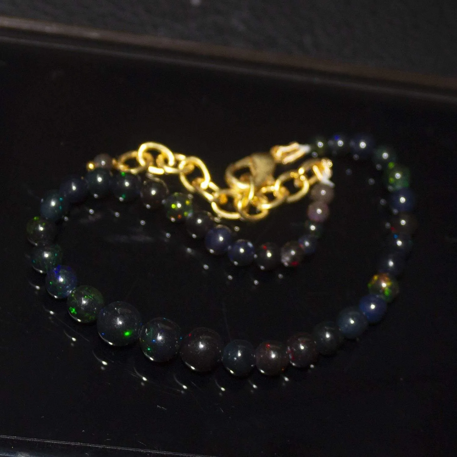 Natural Fire Black Welo Opal Smooth Rondelle Gold Vermeil Bracelet 9" 3.5mm 6mm
