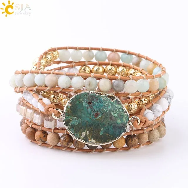 Natural Stone Bracelet Pink Quartz Leather Wrap