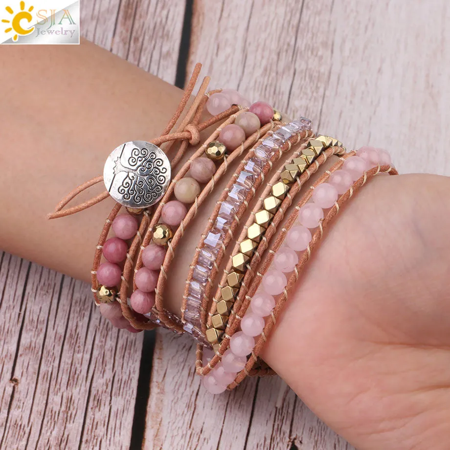Natural Stone Bracelet Pink Quartz Leather Wrap