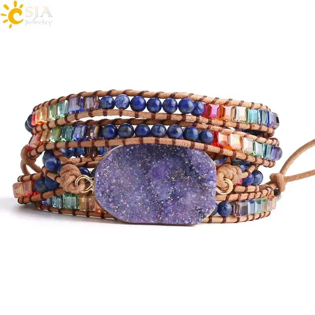 Natural Stone Bracelet Pink Quartz Leather Wrap
