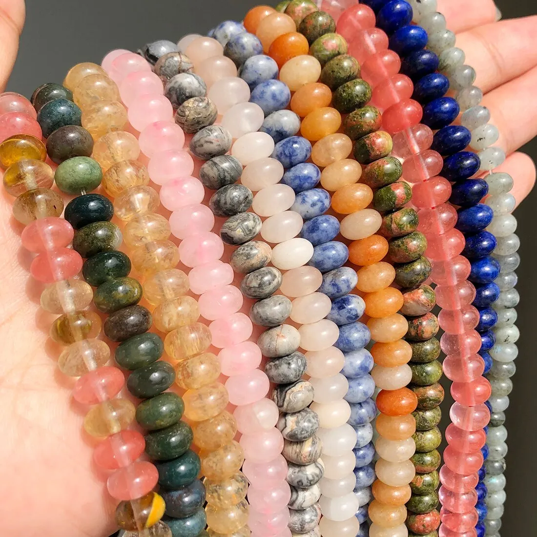 Natural Stone Flat Beads Rose Quartzs Jades Crystal Rondelle