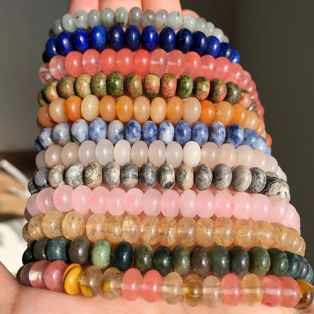 Natural Stone Flat Beads Rose Quartzs Jades Crystal Rondelle