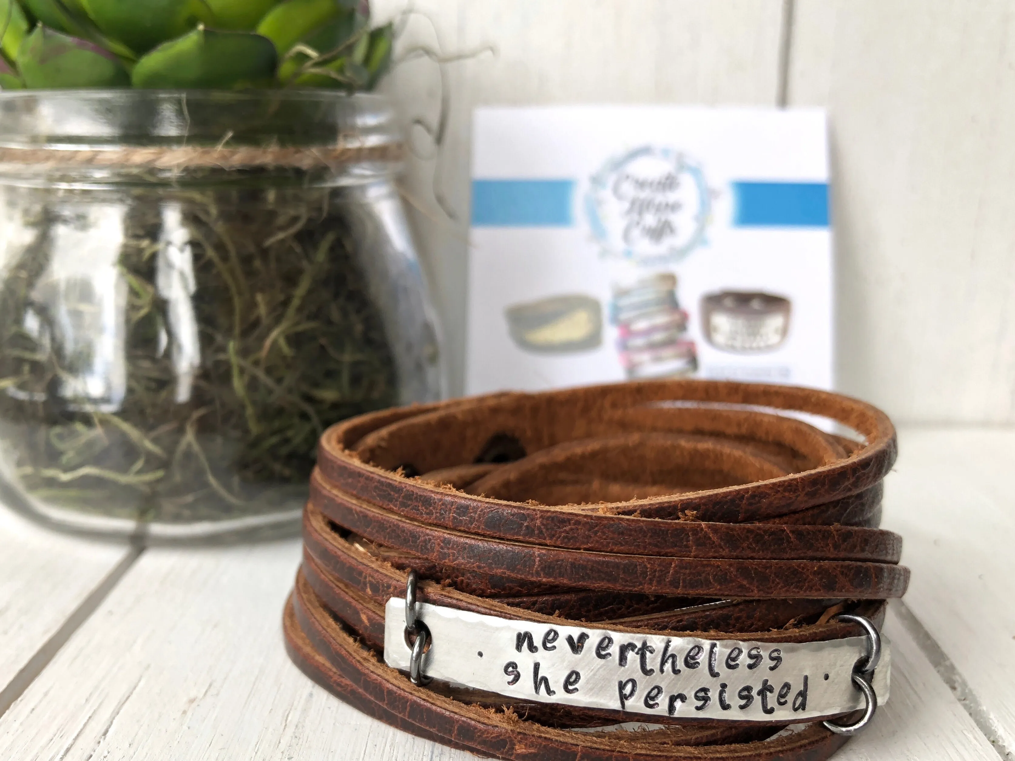 Nevertheless She Persisted Brown Leather Silver Bar Wrap Bracelet, adjustable