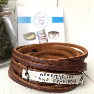 Nevertheless She Persisted Brown Leather Silver Bar Wrap Bracelet, adjustable