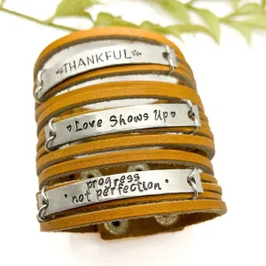 New! Camel Brown MiNi Wrap | 10 Phrases | Leather Bracelet | Women Teens | Adjustable