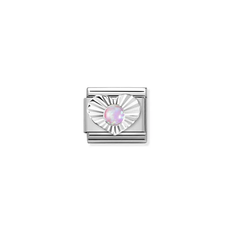 Nomination Composable Link Heart, Etched, Pink Opal Stone, Silver