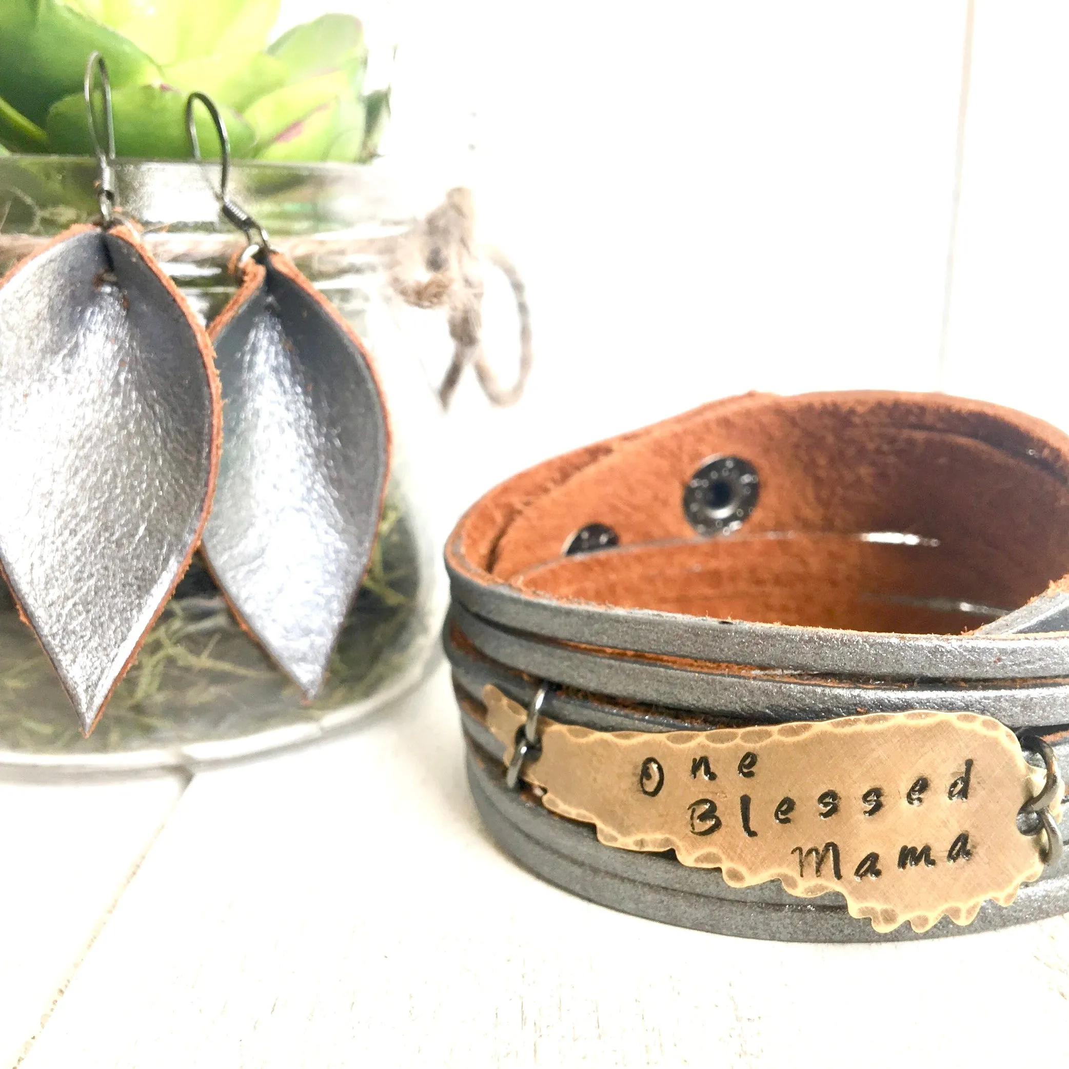 ONE BLESSED MAMA Pewter Leather & Angel Wing Double Wrap Bracelet | Adjustable