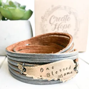 ONE BLESSED MAMA Pewter Leather & Angel Wing Double Wrap Bracelet | Adjustable