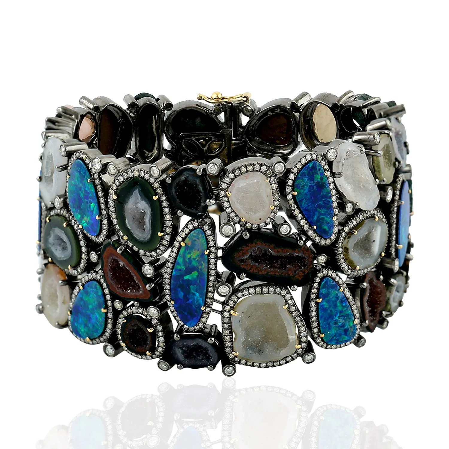 Opal Doublet Uneven Geode Micro Pave Diamond In Gold Silver Designer Bracelet