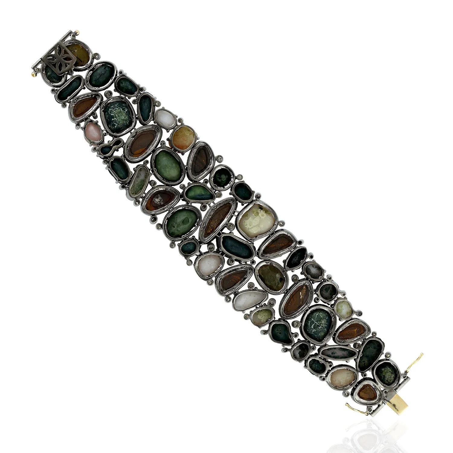 Opal Doublet Uneven Geode Micro Pave Diamond In Gold Silver Designer Bracelet
