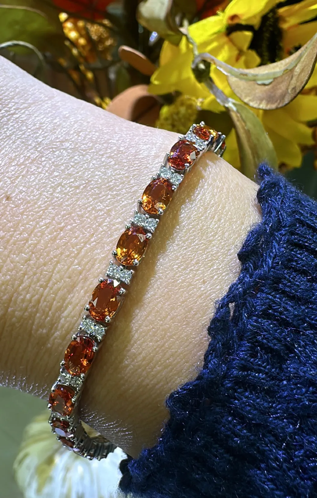 Orange Sapphire Oval Stone & Diamond Tennis Bracelet