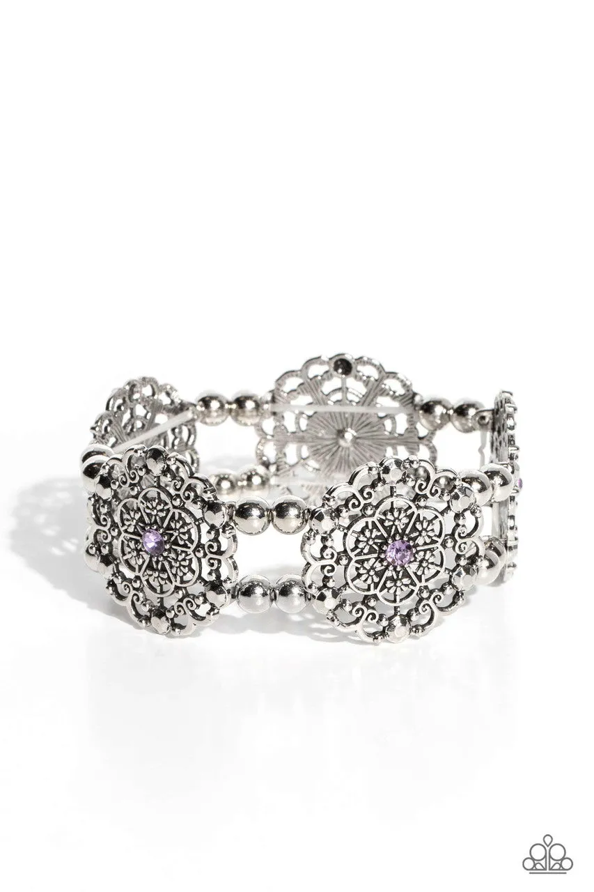 Ornamental Occasion - Purple - Floral Filigree Rhinestone Center Paparazzi Stretchy Bracelet