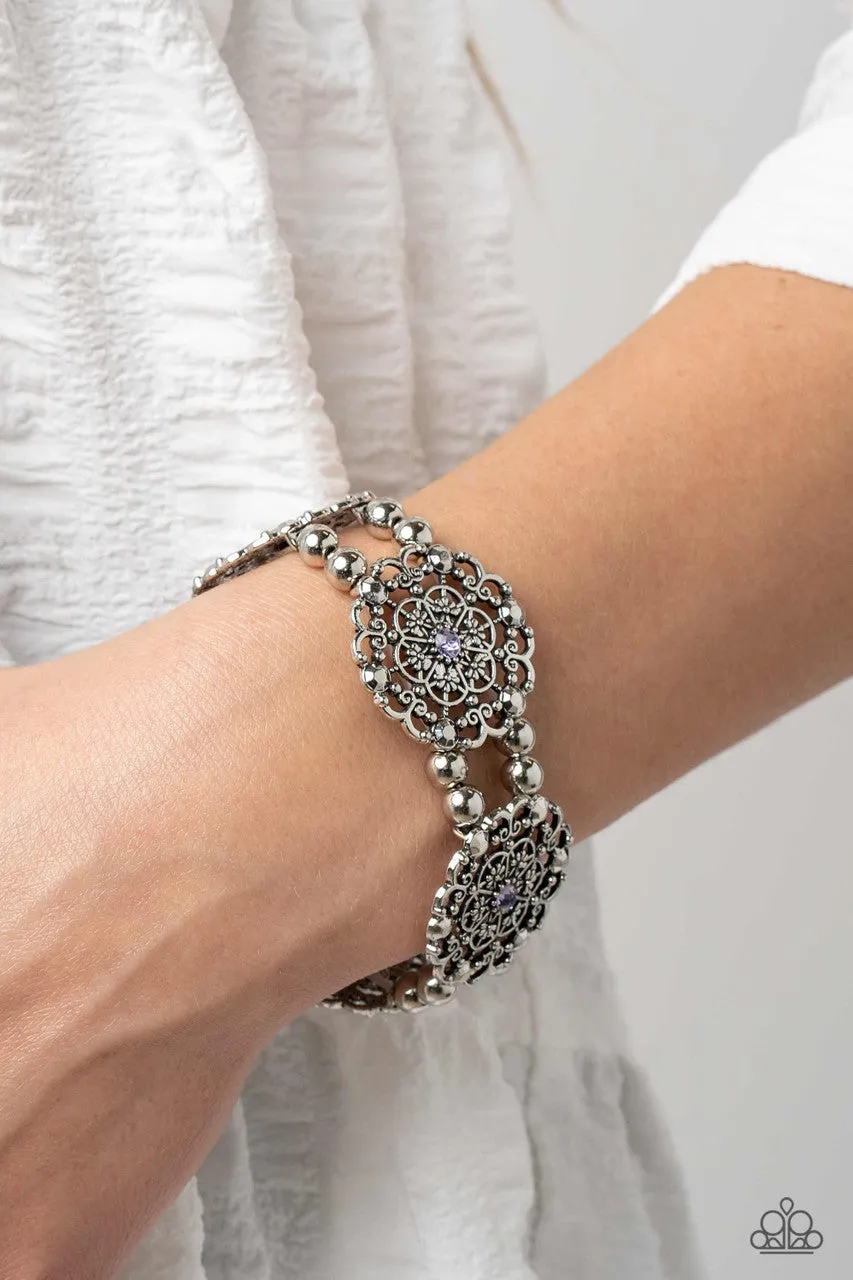 Ornamental Occasion - Purple - Floral Filigree Rhinestone Center Paparazzi Stretchy Bracelet