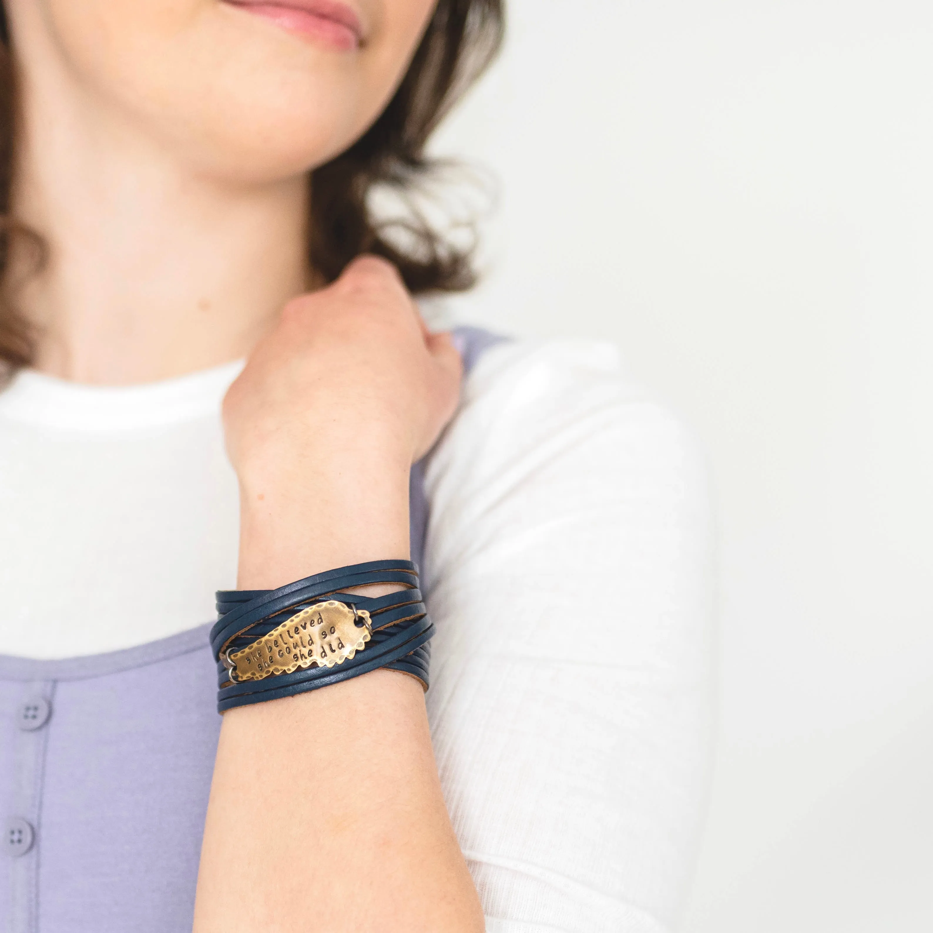 OVERCOMER Leather Double Wrap | Silver Bar Bracelet | Adjustable
