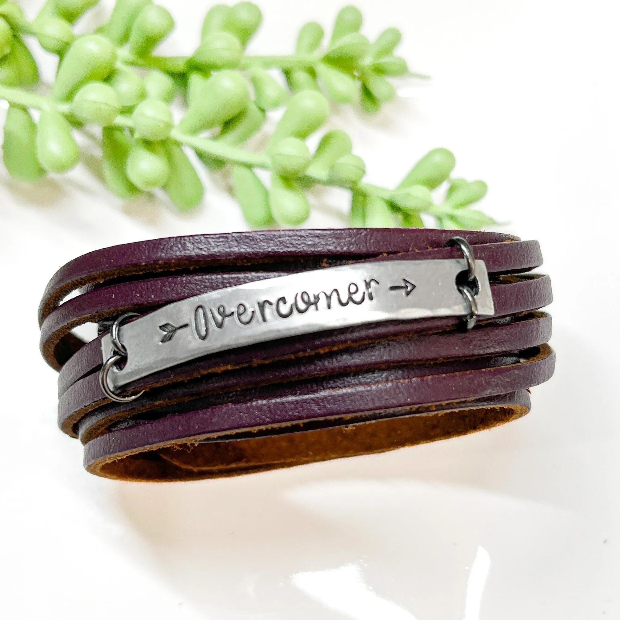 OVERCOMER Leather Double Wrap | Silver Bar Bracelet | Adjustable
