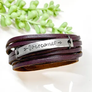 OVERCOMER Leather Double Wrap | Silver Bar Bracelet | Adjustable