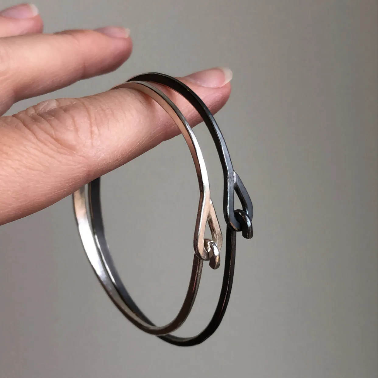 Oxidized sterling silver hammered hook & eye bracelet
