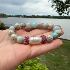 Pale Blue Opal Sediment Jasper & Pearl Stretch Bracelets
