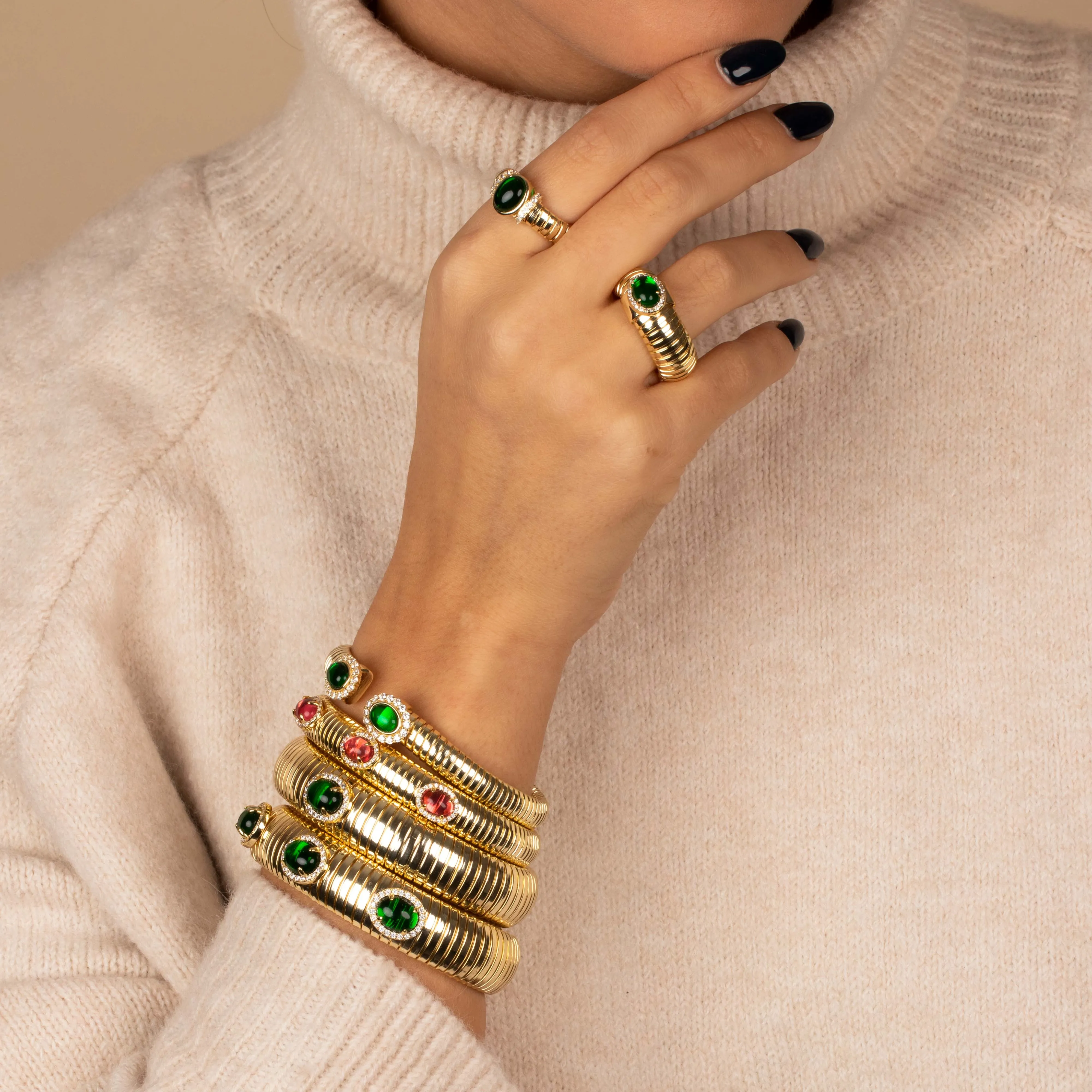 Pave Accented Colored Stone Ridged Ring