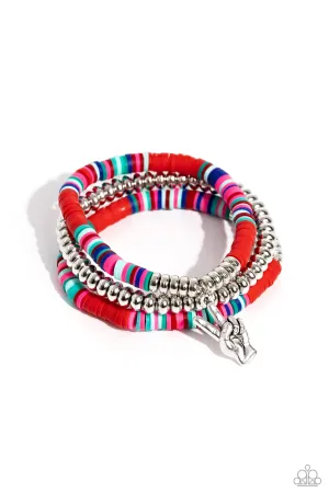Peaceful Potential - Red - Peace Sign Fingers Rubber Disc Paparazzi Stretchy Bracelet