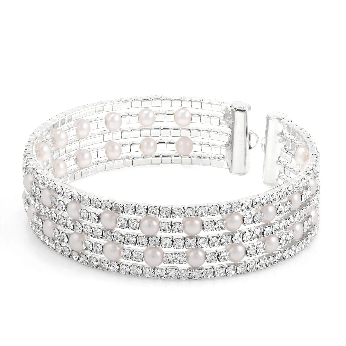 PEARL AND CRYSTAL 5 ROW SILVER STRETCH  BRACELETS #SWR-CP2590SIL (UC6)