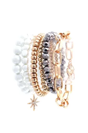 Pearl Metal Glass Stretch Bead Multi Bracelet 6 Pc Set