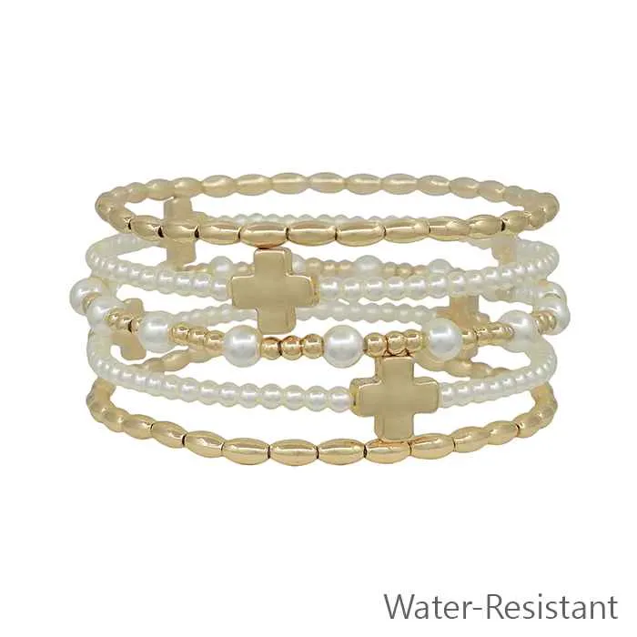 Pearl with Gold Balls and Gold Cross Stretch Bracelets