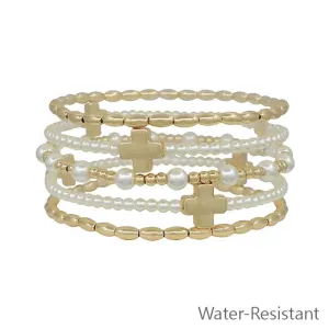 Pearl with Gold Balls and Gold Cross Stretch Bracelets