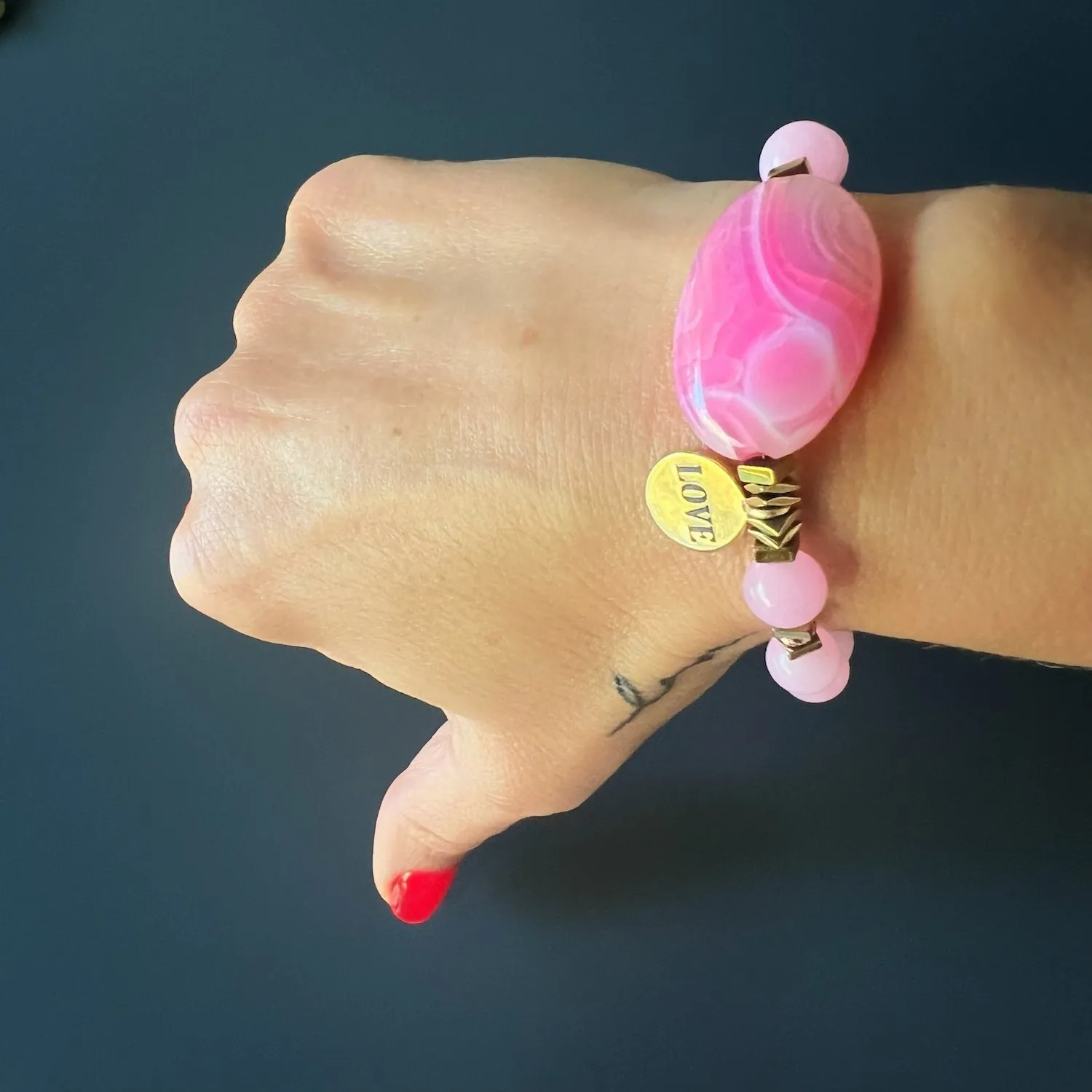 Pink Agate Stone Love Charm Beaded Bracelet