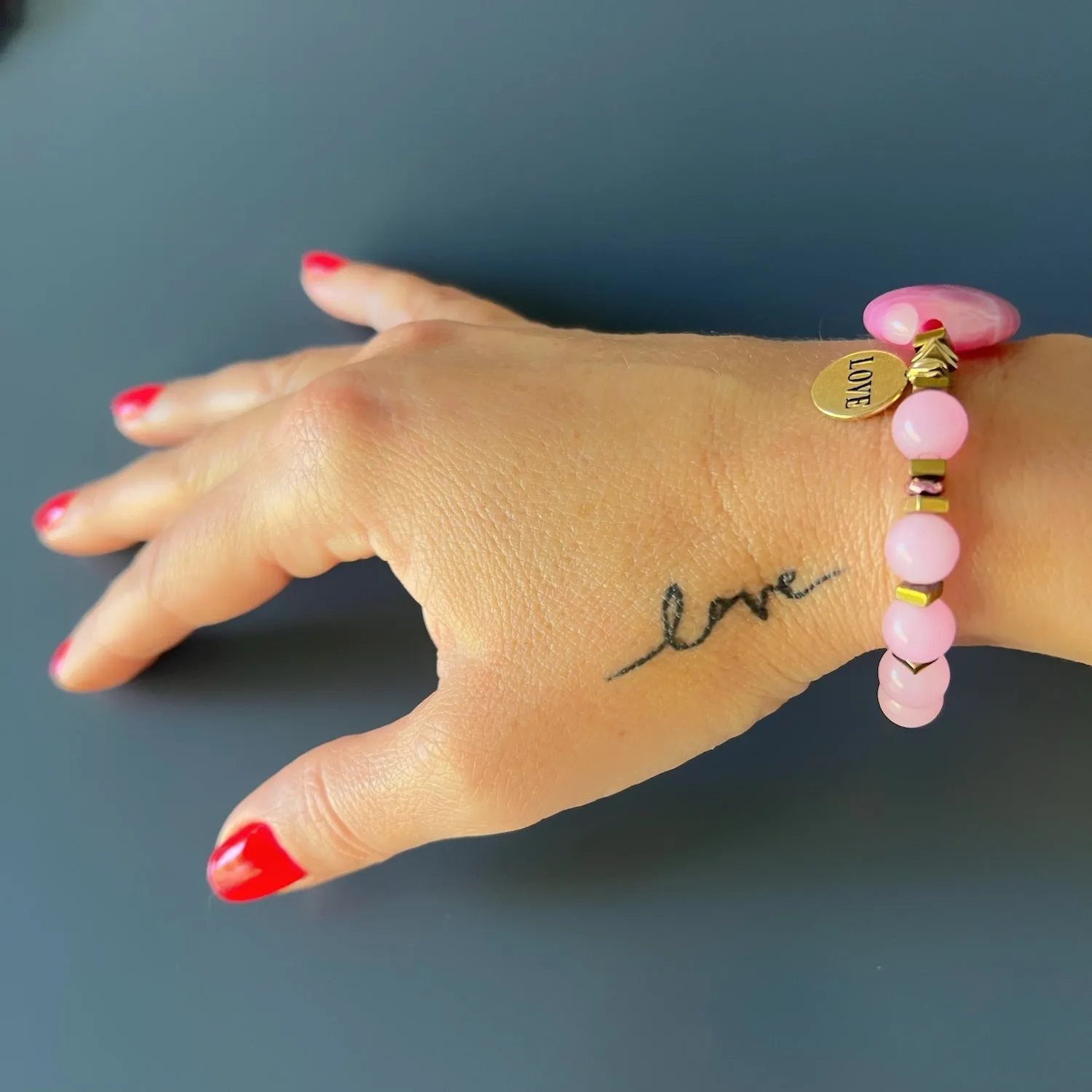 Pink Agate Stone Love Charm Beaded Bracelet