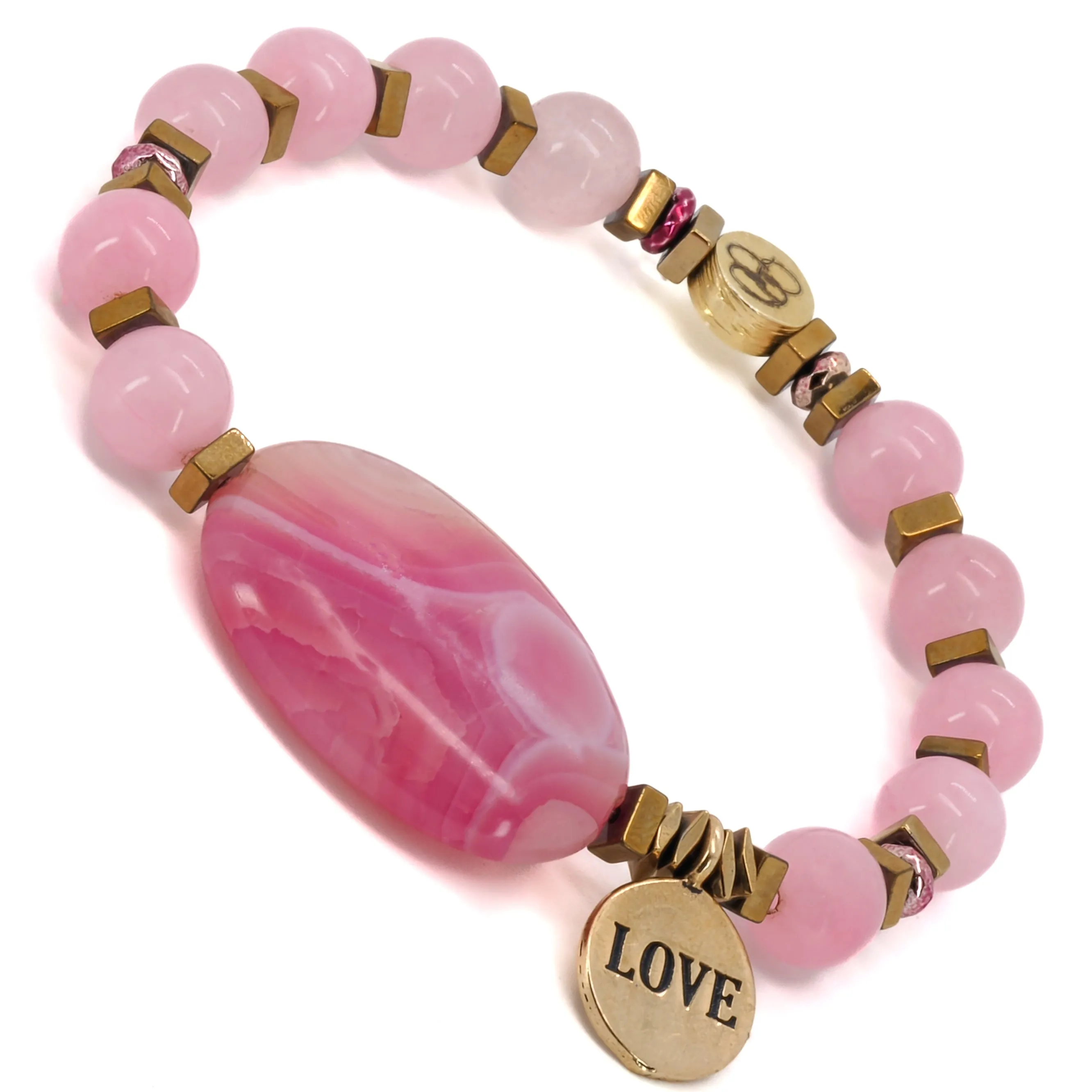 Pink Agate Stone Love Charm Beaded Bracelet