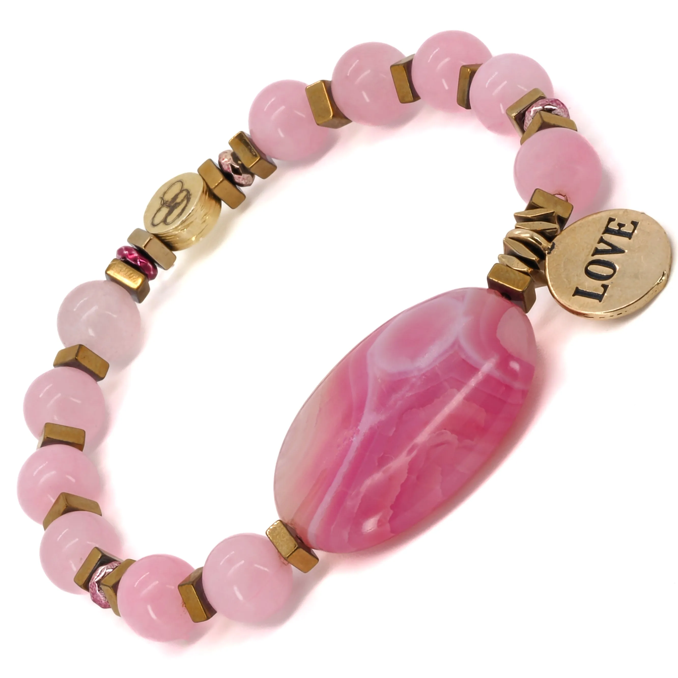 Pink Agate Stone Love Charm Beaded Bracelet