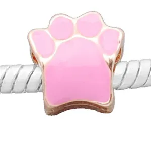 Pink Enamel Paw Charm European Bead Compatible for Most European Snake Chain Bracelet